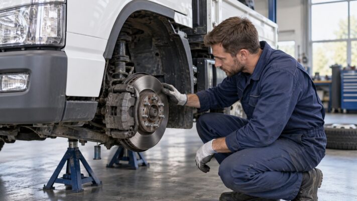 Mechaniker prüft die Bremsscheibe eines weißen leichten Lkw in einer Werkstatt bei Tageslicht.
